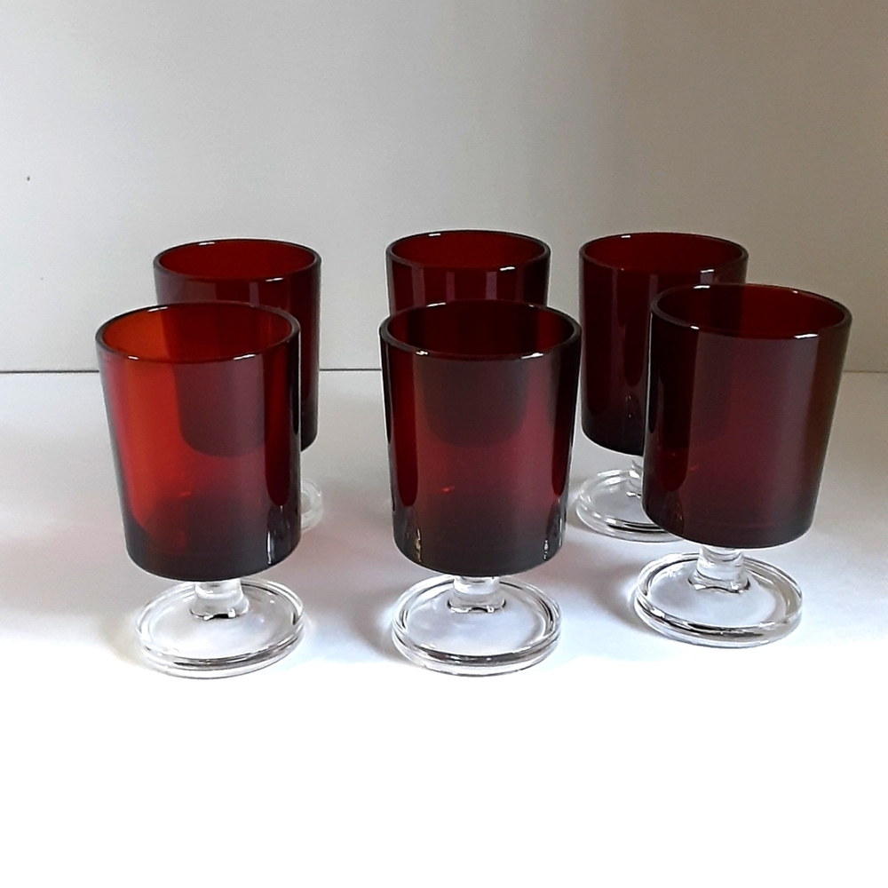 6 Wine or Sherry Goblets Luminarc France Vintage Ruby Red Glasses Clear Stems - Picture 4 of 4